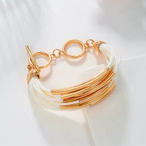 Beige Leather Bracelet w/ Gold & Silver-Tone Accents